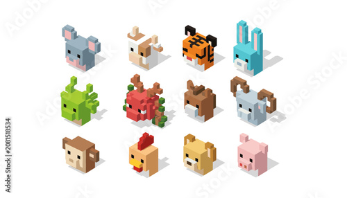 Colorful block animals arranged in rows on white background