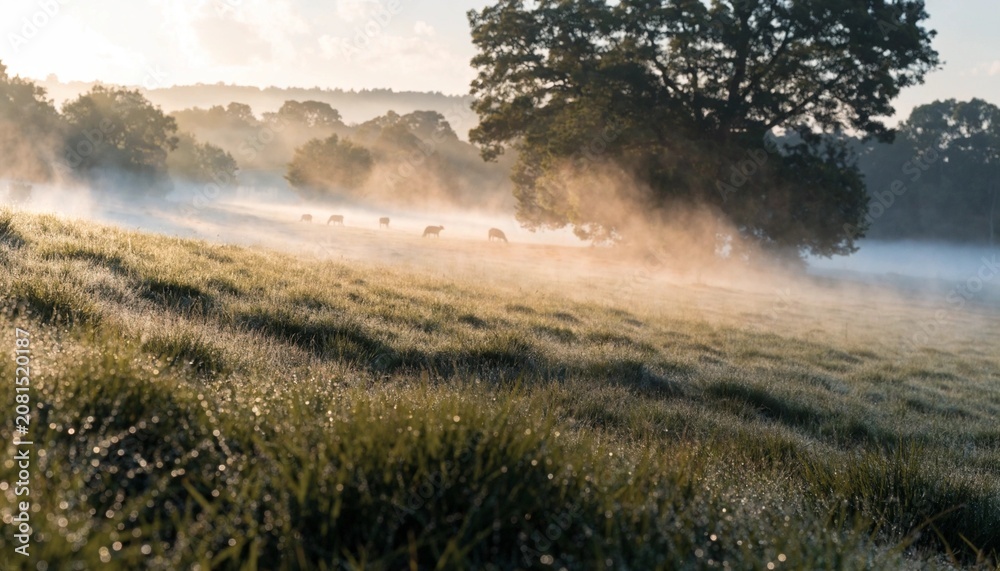 Fototapeta premium Sheep graze across a dewy meadow under mist and warm sunrise light, perfect for rural tourism, sustainable agriculture, and nature wellness promotions.