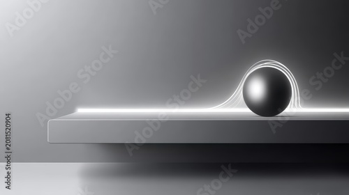 A black sphere with a white line curving around it sits on a gray shelf.