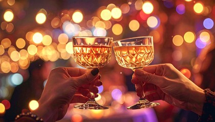 Close-Up of Two People Toasting Wine Glasses at Festive Evening Party