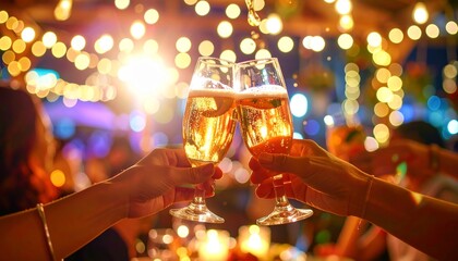 Close-Up of Two People Toasting Champagne Flutes at an Evening Gala