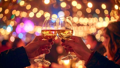 Close-Up of Two People Toasting Wine Glasses at Festive Evening Party