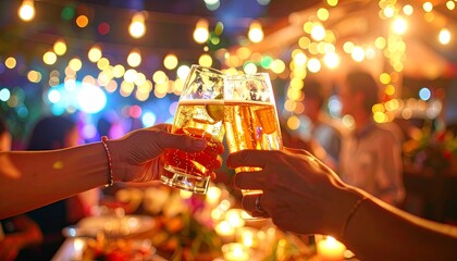 Close-Up of Friends Toasting Beer and Cider Glasses at Outdoor Party