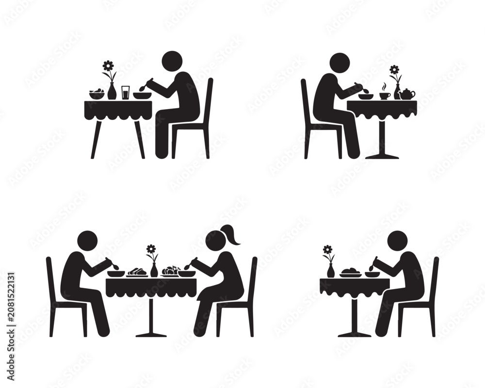 Fototapeta premium Simple stick figures enjoying meals at tables representing various dining scenarios and eating experiences