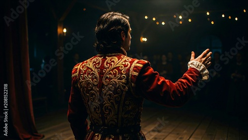 Theater actor performing dramatic stage presentation under warm spotlight lighting