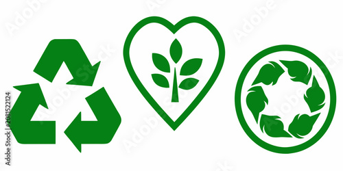 Fotografía Eco Friendly Icons Recycling Leaf Heart And Circular Arrows Silhouette