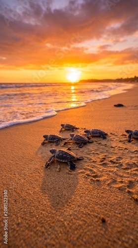 Instinct and Light: Baby Sea Turtles Navigating the Shoreline as the Sun Sinks Below the Horizon
