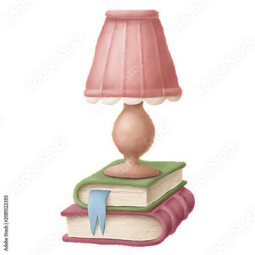 Cozy pink desk lamp sitting on a stack of books watercolor illustration