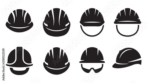 Fotografía Black safety helmets and hard hats on white background