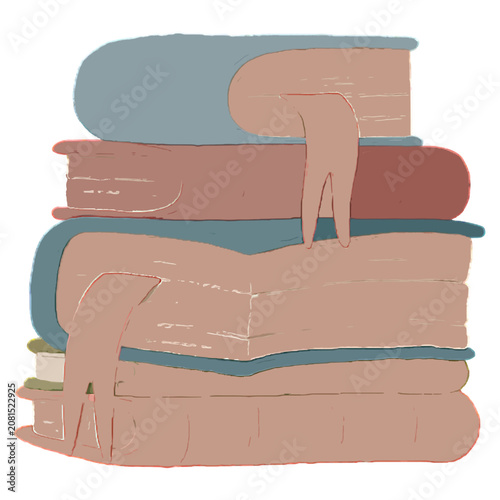 Stack of vintage hardcover books with colorful ribbons watercolor illustration