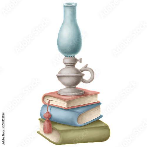Vintage oil lantern stacked on old antique books watercolor