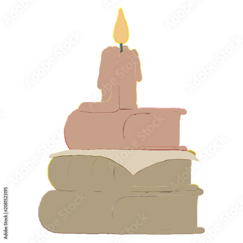 Burning wax candle on a stack of old books watercolor illustration