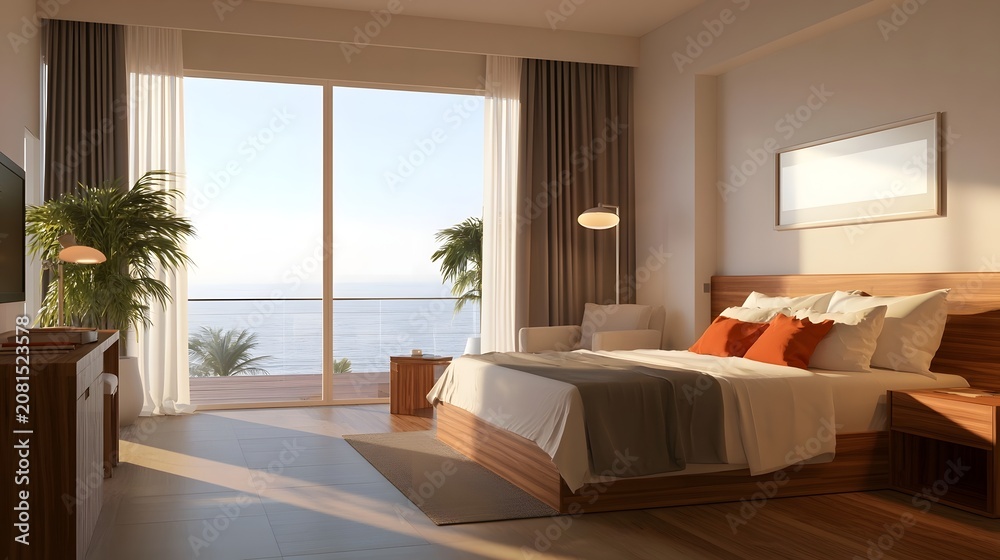 Fototapeta premium Luxurious hotel suite offering a serene ocean view bathed in warm natural light during a tropical getaway