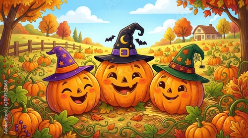 Three happy smiling pumpkins wearing colorful witch hats in a sunny autumn pumpkin patch farm field for halloween Vector