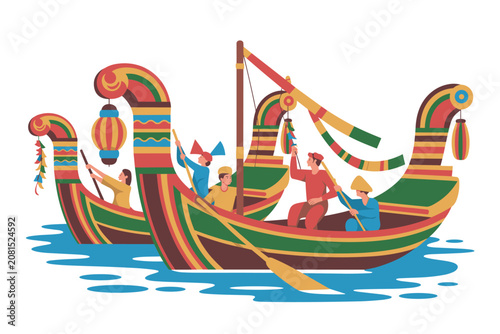 Billede på lærred Traditional filipino vinta boats with colorful sails and people rowing on water