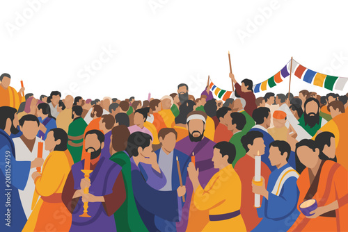 Fotografie Group of people holding candles and prayer flags for a religious ceremony