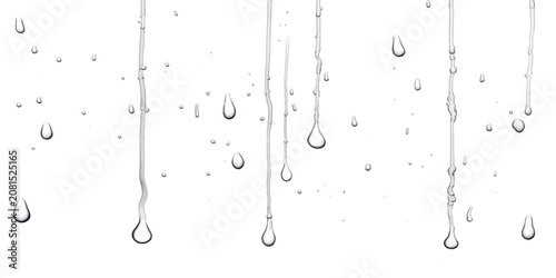Obraz na plátně Clear water raindrops trickling down a glass window surface with droplets transp