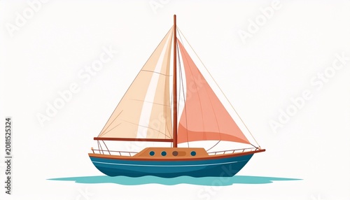 Classic wooden sailboat with white sails on calm sea.