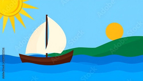 Sailboat on turquoise ocean under bright sun.
