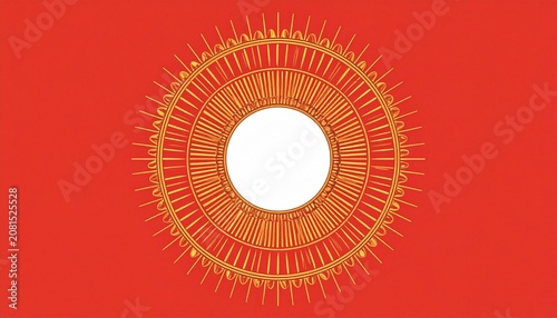 Golden sunburst with white center on red background.