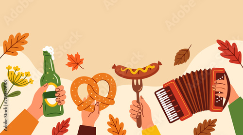 Flat lay of oktoberfest themed food and drinks with hands holding a beer bottle, pretzel, and sausage on a colorful autumn background.