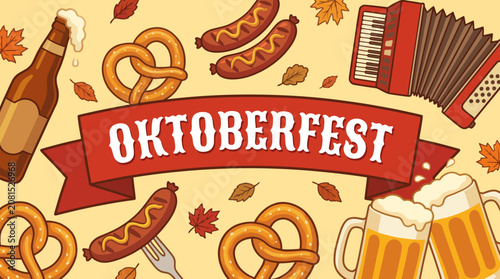 Flat lay of oktoberfest themed items including beer, pretzels, and sausage on a yellow background with a red banner.