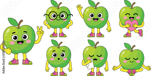 Cute green apple mascot characters set with flat vector illustrations of funny retro fruit emojis with diverse emotions isolated on white background,