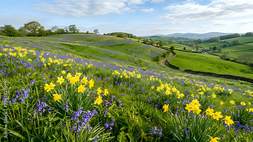 Fototapeta premium Vibrant daffodils and bluebells in a lush green countryside landscape with rolling hills and trees under a blue sky
