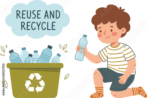Bild auf Leinwand Cute cartoon boy putting plastic bottles into a green recycling bin flat vector