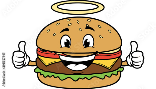 Imagine happy burger mascot character with halo hamburger character