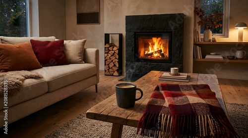 Cozy Living Room with Fireplace and Warm Autumn Interior