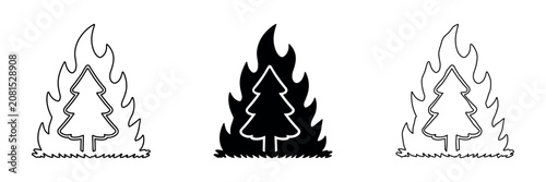 Canvas Print Set of three stylized icons depicting a tree engulfed in flames