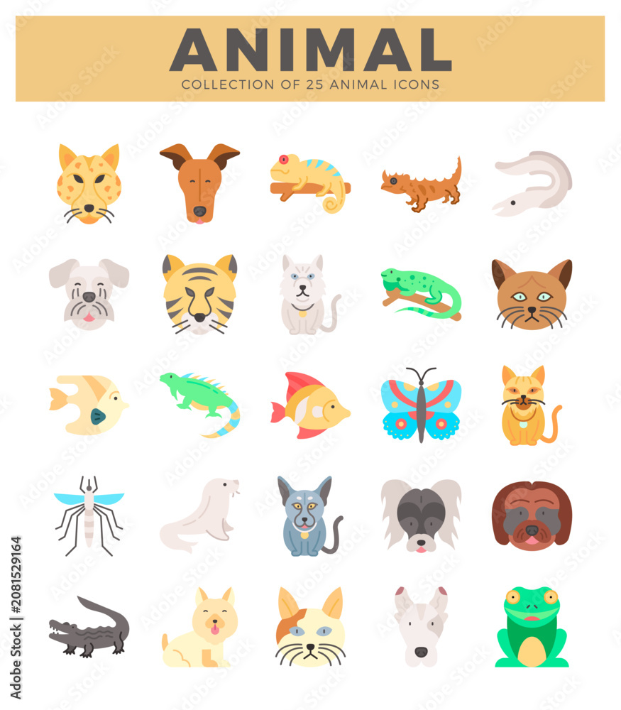 Obraz premium animal icons in a flat design with white background. Stylized animal faces and full bodies displayed in a grid format.