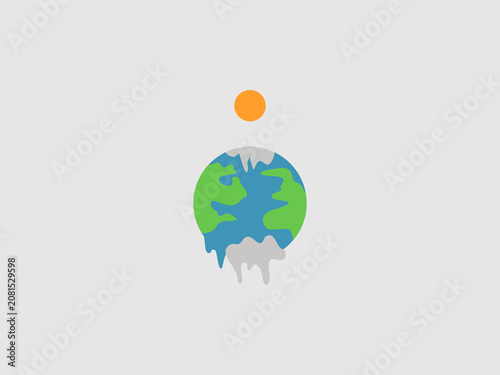 A simple illustration representing global warming, showing a melting planet Earth dripping from the bottom under a hot, bright orange sun