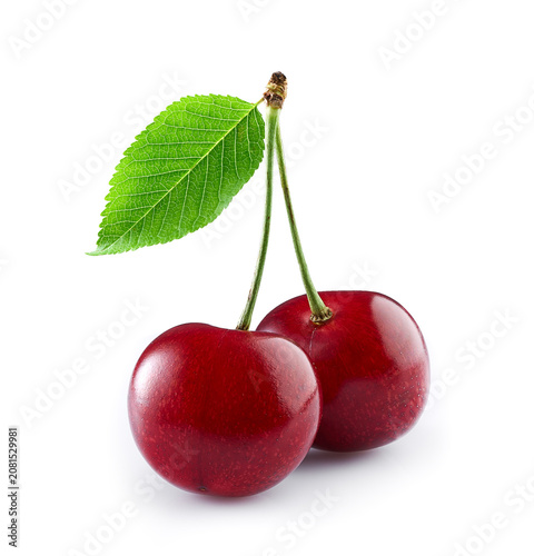 Cherry in closeup with leaf