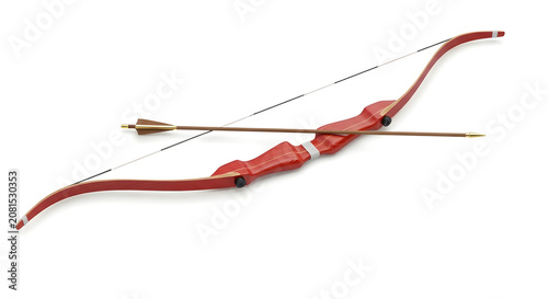 Traditional red recurve bow with wooden arrow