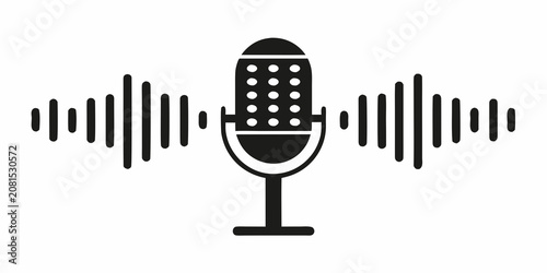Fotografie Microphone Icon With Sound Waves Black Silhouette On White Background