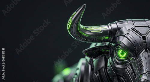 Futuristic metallic robotic bull with glowing green eyes representing a strong bullish stock market trend.