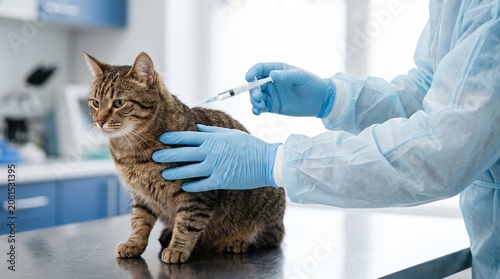 Veterinarian administering a vaccination injection to a tabby cat for professional cat healthcare in a clinical medical exam room setting