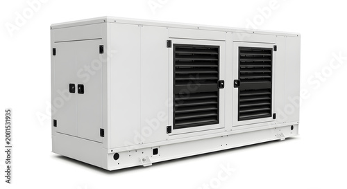 Large white commercial air conditioning unit with vents open