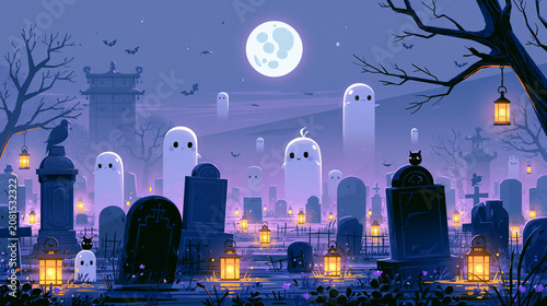 Halloween Spooky Night Church and Graveyard Illustration with Haunted Silhouette, Moonlit Sky, Dark Trees, Stars, and Halloween Town Architecture