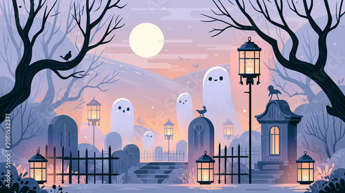 Halloween Spooky Night Church and Graveyard Illustration with Haunted Silhouette, Moonlit Sky, Dark Trees, Stars, and Halloween Town Architecture