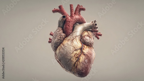 A detailed illustration of a human heart with arteries and veins on display.