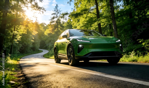 a car in which calm trees run through narrow roads in a dense forest