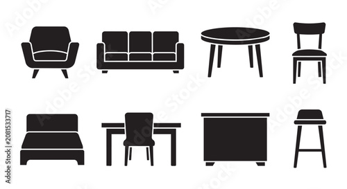 Furniture Icons Set Black Vector Home Interior Logos Collection Isolated On White Background