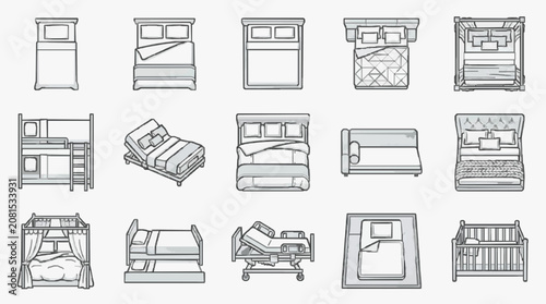 Tableau sur toile Sleek Modern Line Drawing Collection of Various Stylish Beds and Sleeping Arrang