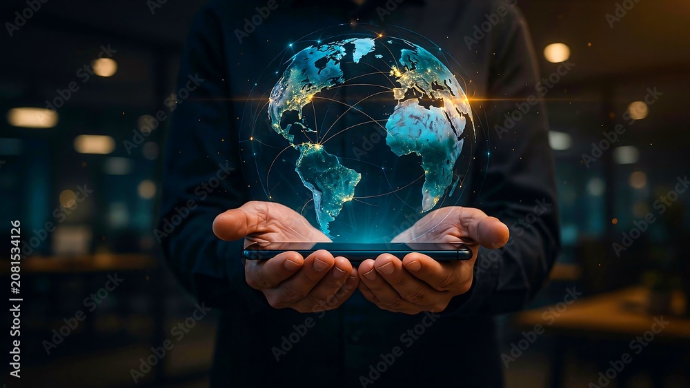 Fototapeta premium Businessman holding glowing digital earth representing global communication and technology