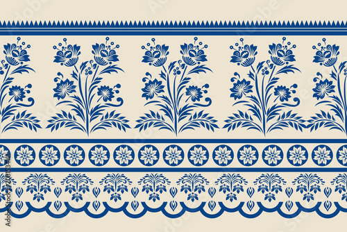 Seamless Floral Border Pattern, Vintage Ethnic Folk Flower Ornaments, Bohemian African Ikat Embroidered Ribbon Vector Art for Fashion Scarves, Fabric Textile Prints, Wallpaper,  Ceramic Tiles, Station