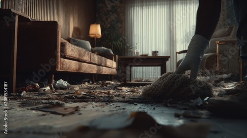 Person cleaning debris on floor in messy living room with couch