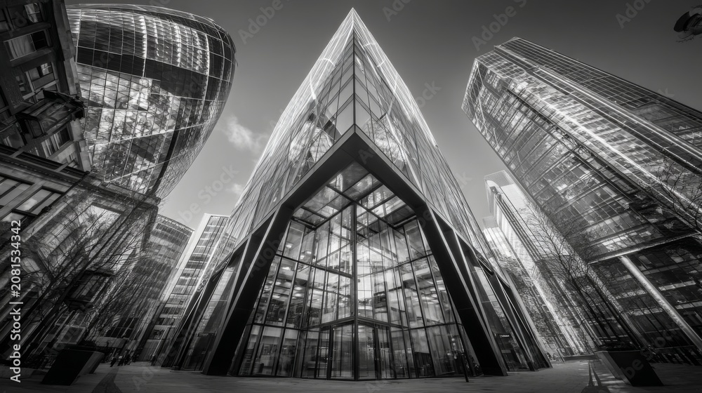 Fototapeta premium Modern Architectural Marvels in Urban Environment Featuring Glass Facades and Contrasting Structures Captured in Black and White Perspective
